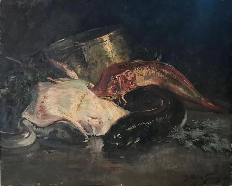 Abbott Fuller Graves-48-Natura morta con pesce e bollitore di rame